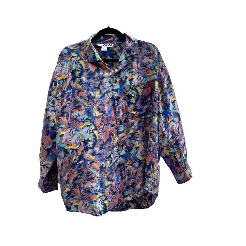 100% Silk Art Teacher Button Up Collared Shirt Size Medium
